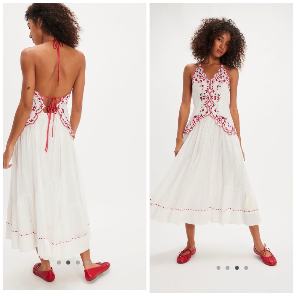 Free People Valenciana Midi Dress Open Back Embroidered Hearts Red White Halter